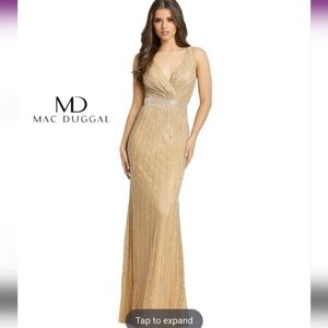 Mac Duggal New with Tags Gold beaded V-neck long gown size 2